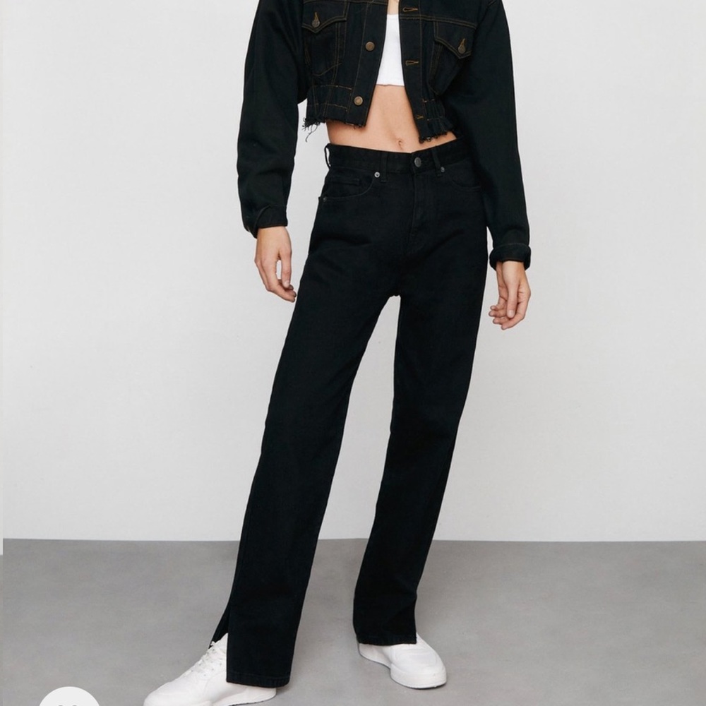 Nasty Gal Organic Black Denim Split Hem Rigid Straight Leg Jeans size 12